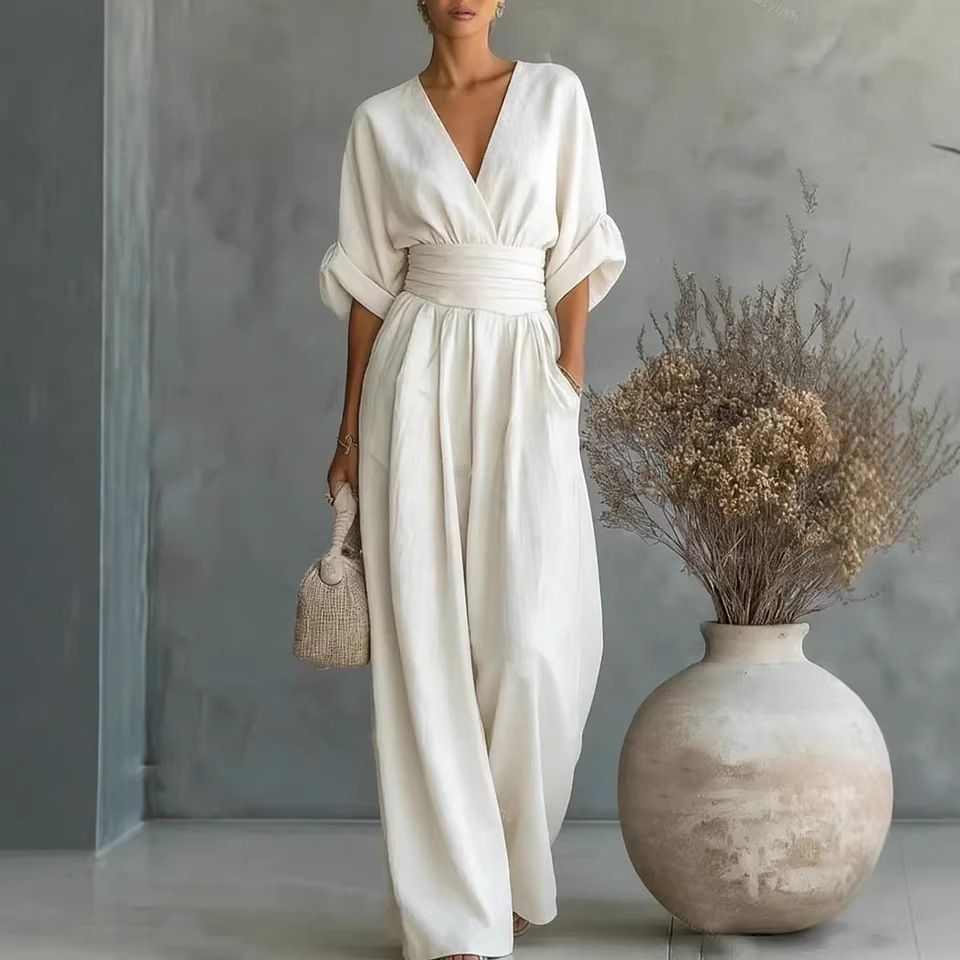 - 2026 Summer New Elegant High-Waisted V-Neck Jumpsuit, Women's Temperament Slim Waist One-Piece Romper, Fashion Casual Office Party Jumpsuit for Women