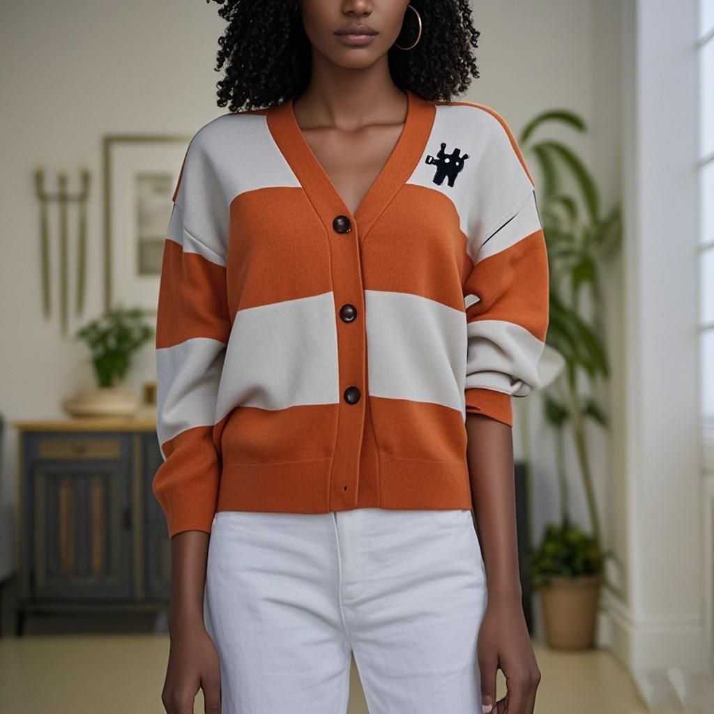Wool Knit Embroidered V-neck Orange and White Cardigan Sweater