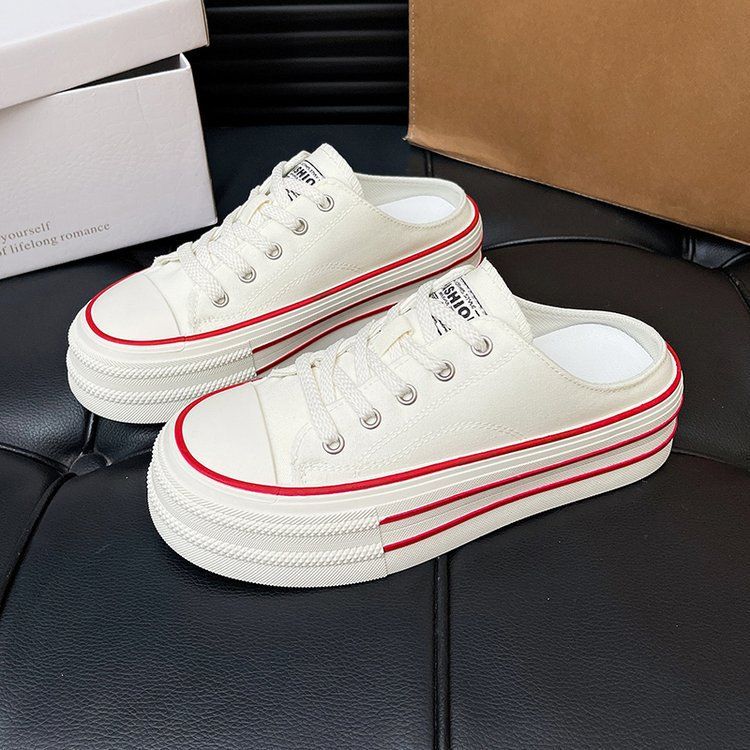 Candy-colored canvas shoes for women 2025 summer new style a single shoe with a full head preppy style thick sole simple half slipper