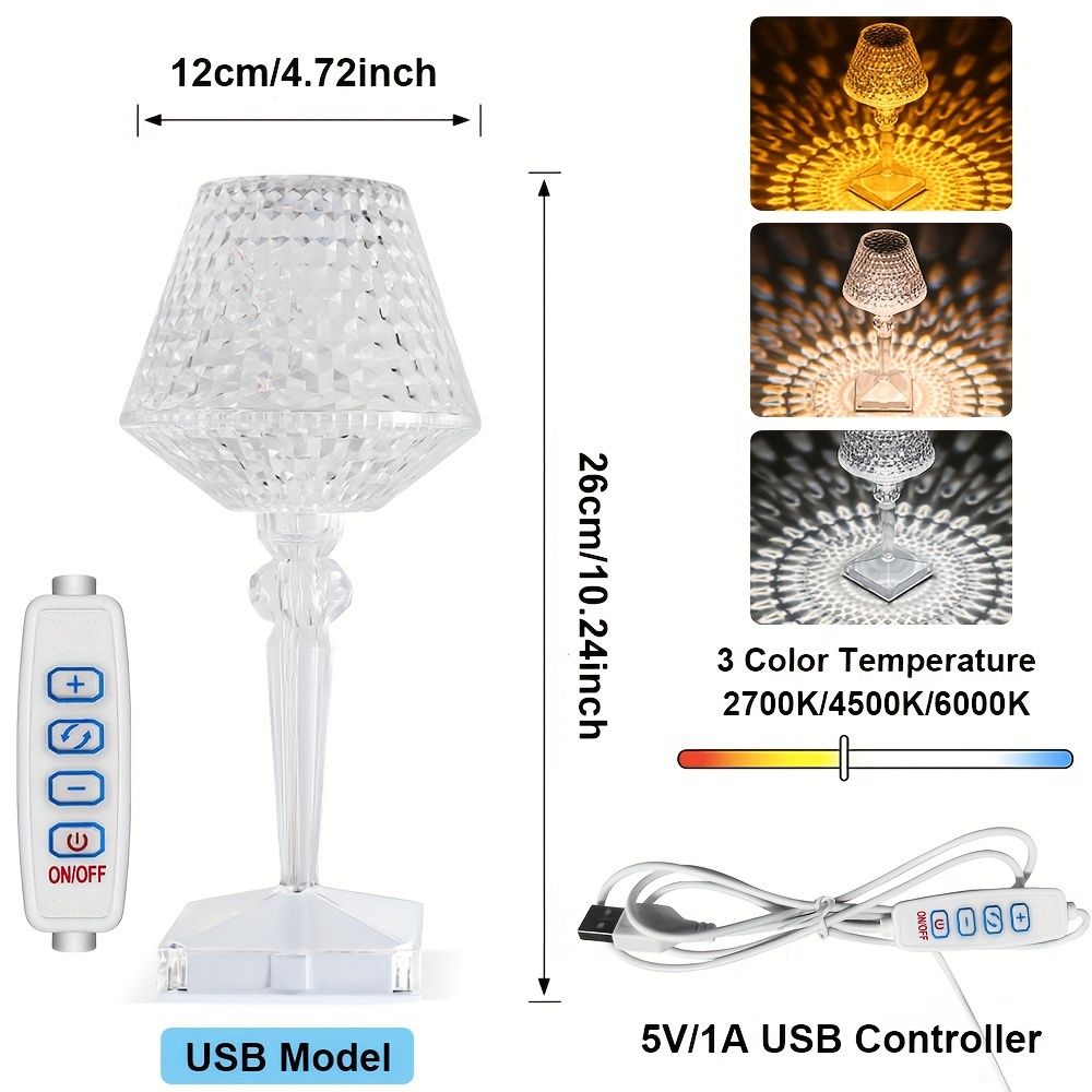 LED Wine Cup Shape Crystal Table Lamp 3 Light Color Dimmable LED Bedside Lamp Night Light USB Power For Bedroom Decor Desk Lamp