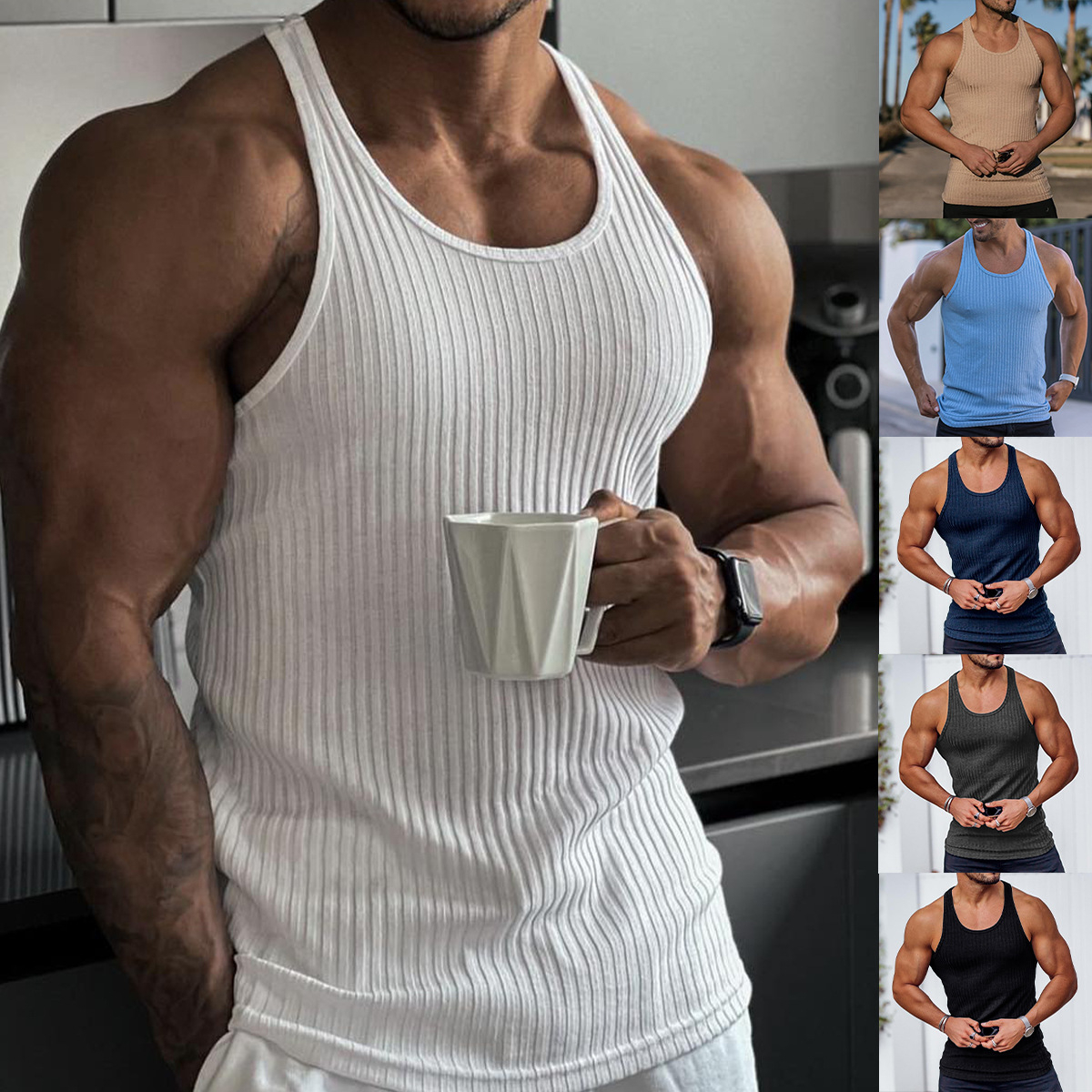 Knitted Slim Fit Sports Strips Stringer Tank Top Men Solid Singlets Vest Designer Outfits For Men