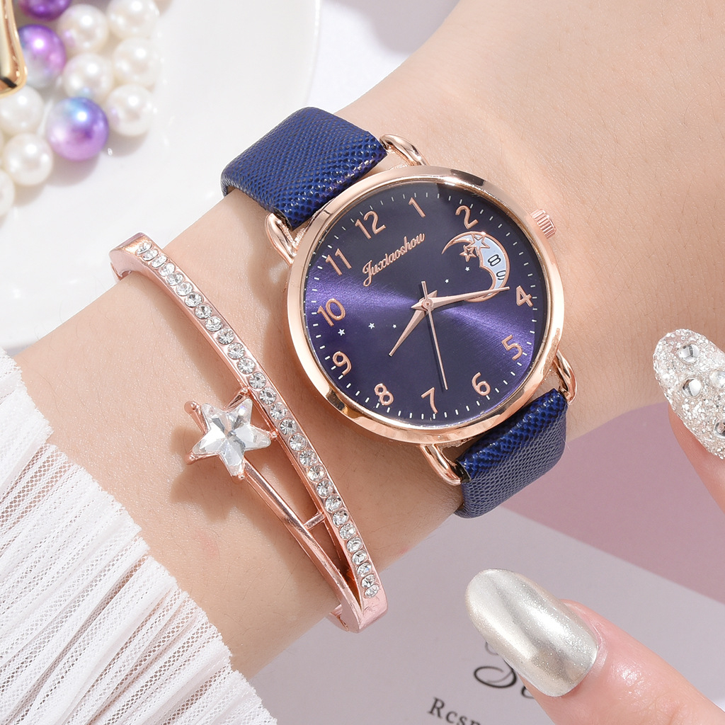 Watch + Bracelet Set Fashion Calendar Quartz Watch pu Band Moon Pattern Dial Ladies Quartz Watch Simple Digital Pointer Girls Watch