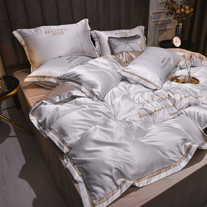 001 4 Pieces Bedding Set  Ice Silk Duvet Cover Cotton Bed Linen with 2 Pillowcases Polyester Cotton Blended Bedding  Soft 100% 
