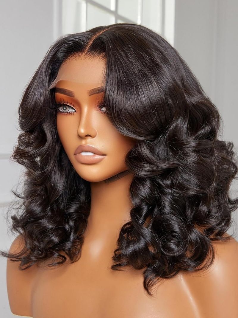 Wigs European and American women's lace front wigs black middle-parted short curly hair big waves synthetic headpiece