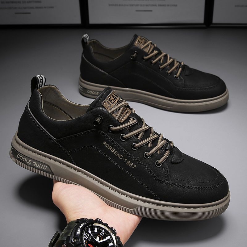 Men's Casual Leather Sneakers, Breathable Lace-up Flat Skate Shoes, Lightweight Non-slip Walking Shoes, Black/White, EU 39-44