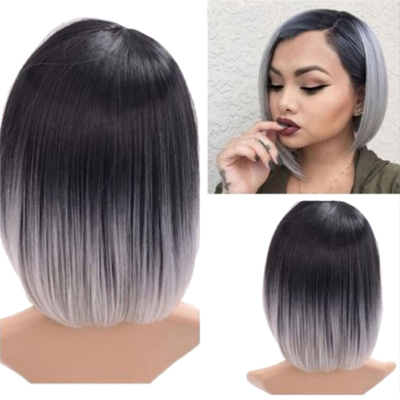 Q9006 15'' Short Straight Bob Ombre Hair Medium Straight Layered Synthetic Wigs Middle Part For Women Heat Resistant Cosplay Wigs