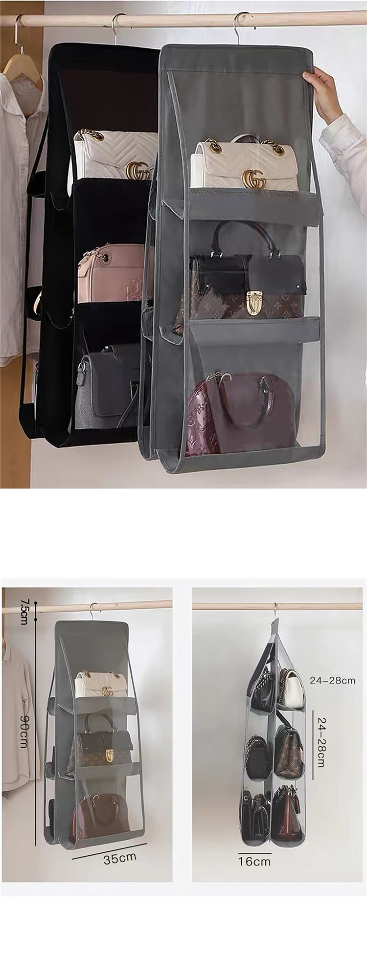 Hanging Handbag Organizer Dust-Proof Storage Holder Bag Wardrobe Closet for Purse Clutch with 6 Larger Pockets Grey