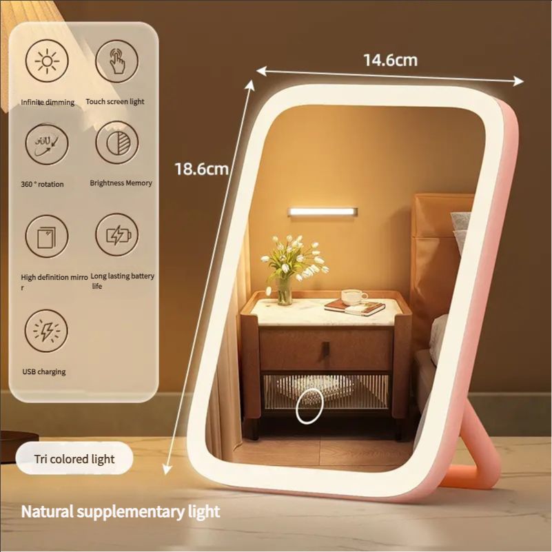 Smart portable flat dressing mirror desktop 360-degree supplementary light flat mirror desktop led makeup mirror with light