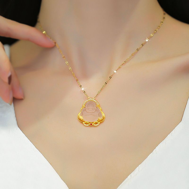 Lucky Buddha‑Shaped Stone Pendant Necklace For Women, Micro Pave Zircon Frame Clavicle Chain, Vintage Elegant Fashion Golden Jewelry Gift For Daily Casual Wear
