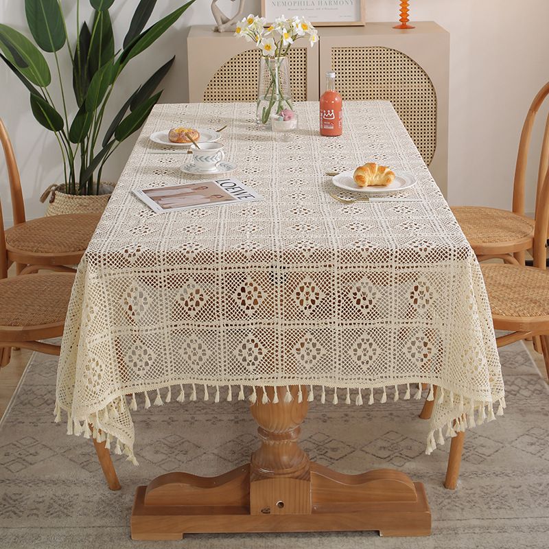 HG-214 Crochet Tassel Dining Solid Color Tablecloth Woven Hollow Tablecloth