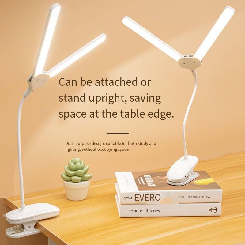 Dual-head Clip On LED Desk Lamp, USB Rechargeable Eye Protection Reading Light, Adjustable Brightness Clip Lamp, Portable Bedside Study Lighting for Student Dormitory Bedroom Kids Use