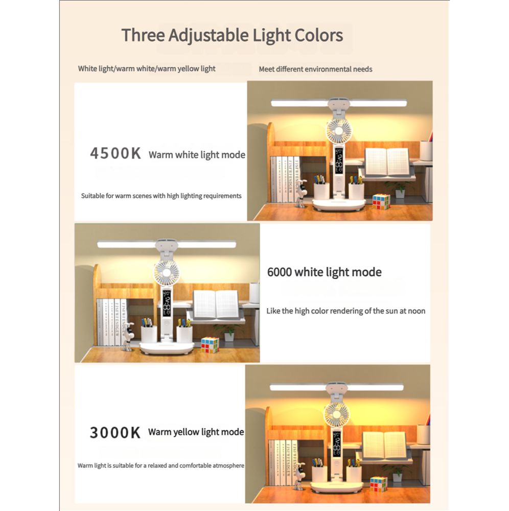 LED Desk Lamp with Fan Desk Lamp for College Dorm Room Desk Lamp with USB Charging Port Adjustable and Dimming LED Four-Head Desk Light with Clock Date Pen Holders Temperature