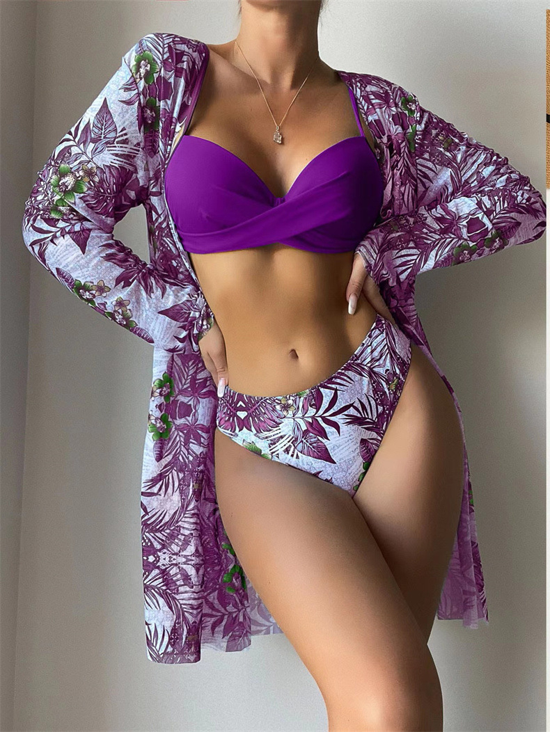 Floral Twist Low Waist Bikini Set Cover Up Swimsuit For Women Push Up Long Sleeve Three Pieces Swimwear Beach Bathing Suits