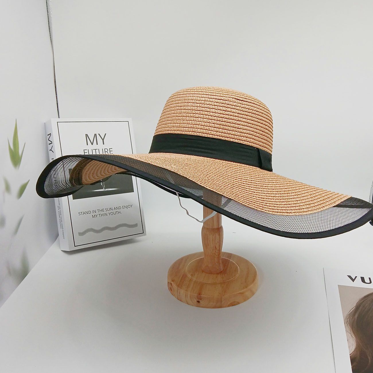 CM055 Large Size Hat Brim Mesh Straw Hat Beach Travel Ladies Sunshade Folding Sun Plus Visor Summer Net Yarn Hat