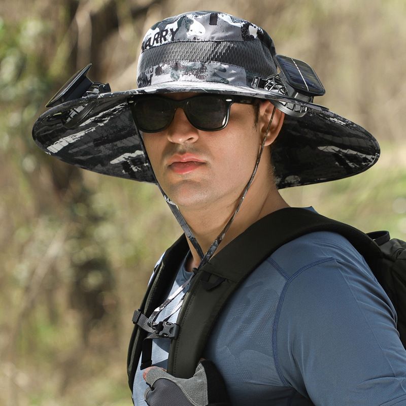 Men's Solar Powered Fan Sun Hat, Wide Brim UV Protection Camouflage Bucket Hat with Dual Fans, Rechargeable Cooling Fishing Hat for Outdoor Work Hiking Gardening