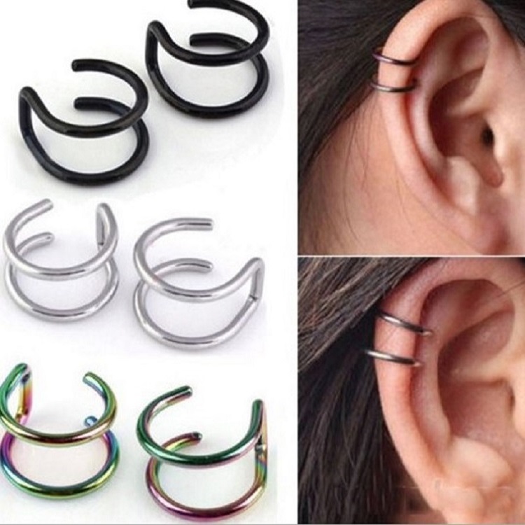 1pc women Clip Earrings Without Ear Hole Simple Retro Romantic Double C Cartilage U-shaped double-layer Jewelry