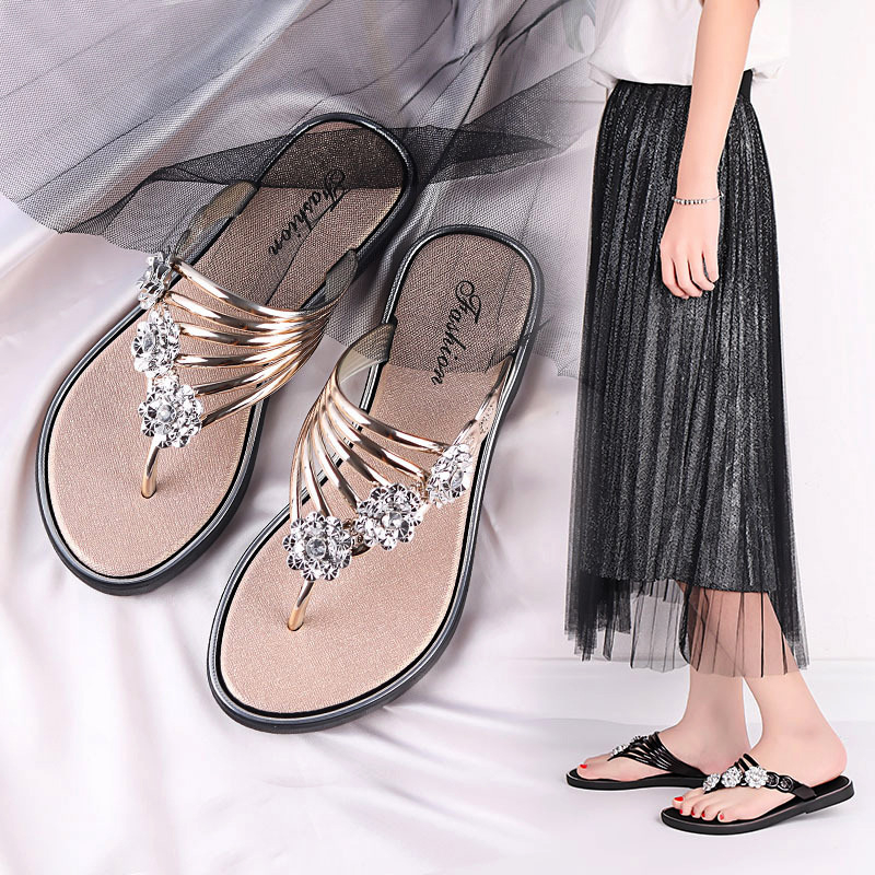 Women's Summer New Lightweight Flat Flip-Flops Simple Rhinestone Non-Slip Slippers