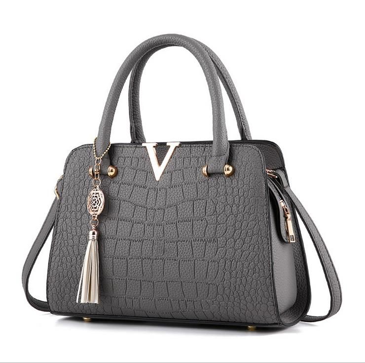 Crocodile leather women's bag V letter designer women's handbagGray
