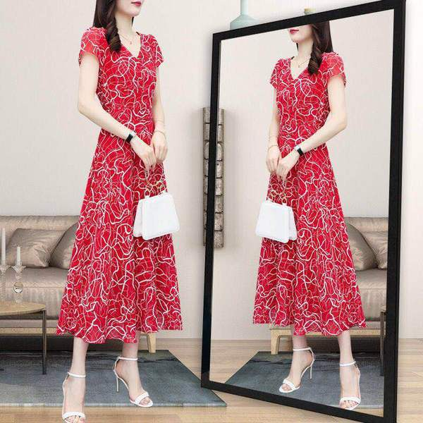 AL-638 women's print dress fashion V-neck floral chiffon dress slim fit girl short sleeve skirt