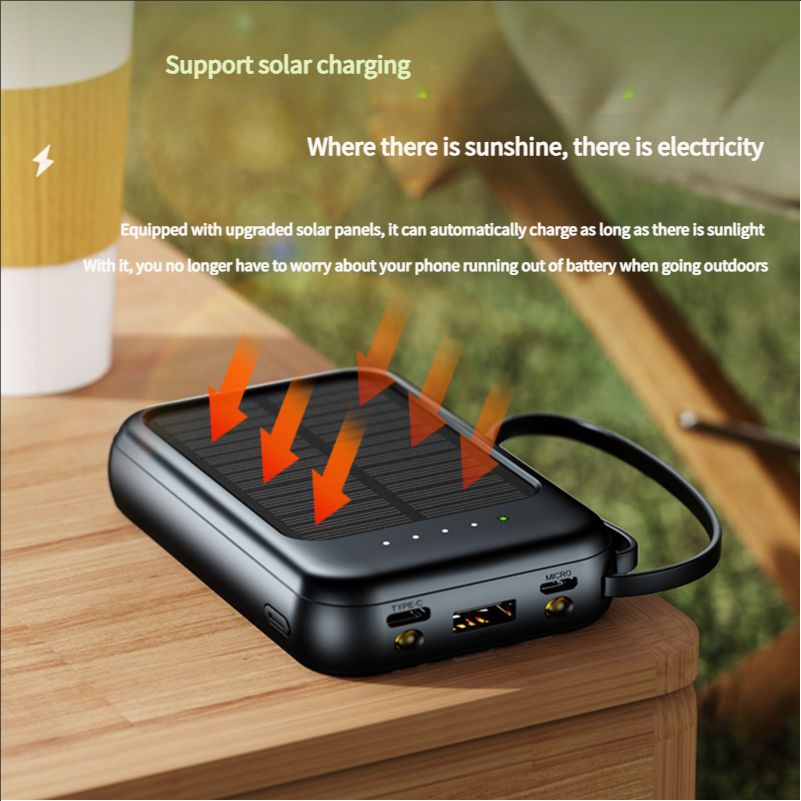 Solar power bank comes with four wires, large capacity of 20000mAh, compact and portable gift, mobile power bank wholesale