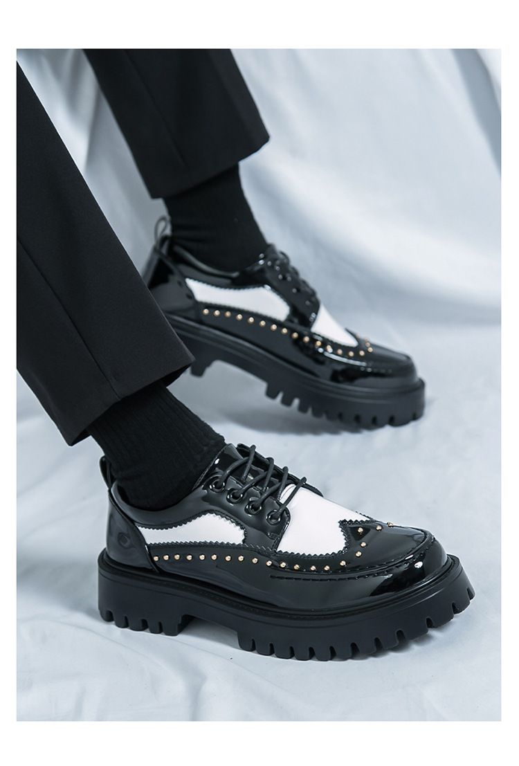 Cross-border large-sized 2025 formal casual shoes with rivets, personalized barber leather shoes, thick-soled height-increasing, black and white fashionable men's shoes