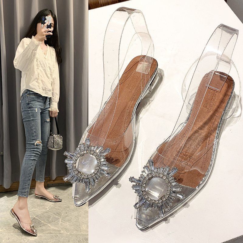 French pointy stiletto heels lady sunflower rhinestone hollow back half with high heels sandals lady 106