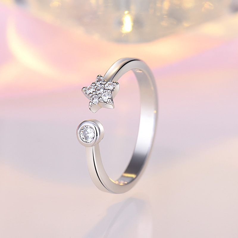 J269 Women Silver Simple Diamond Inlaid Star Ring Jewelry