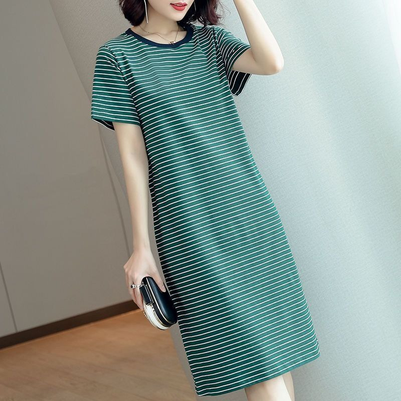 666#HRJ women's dress midi stripe print skirt O-neck short sleeve midi dress, women's party dress