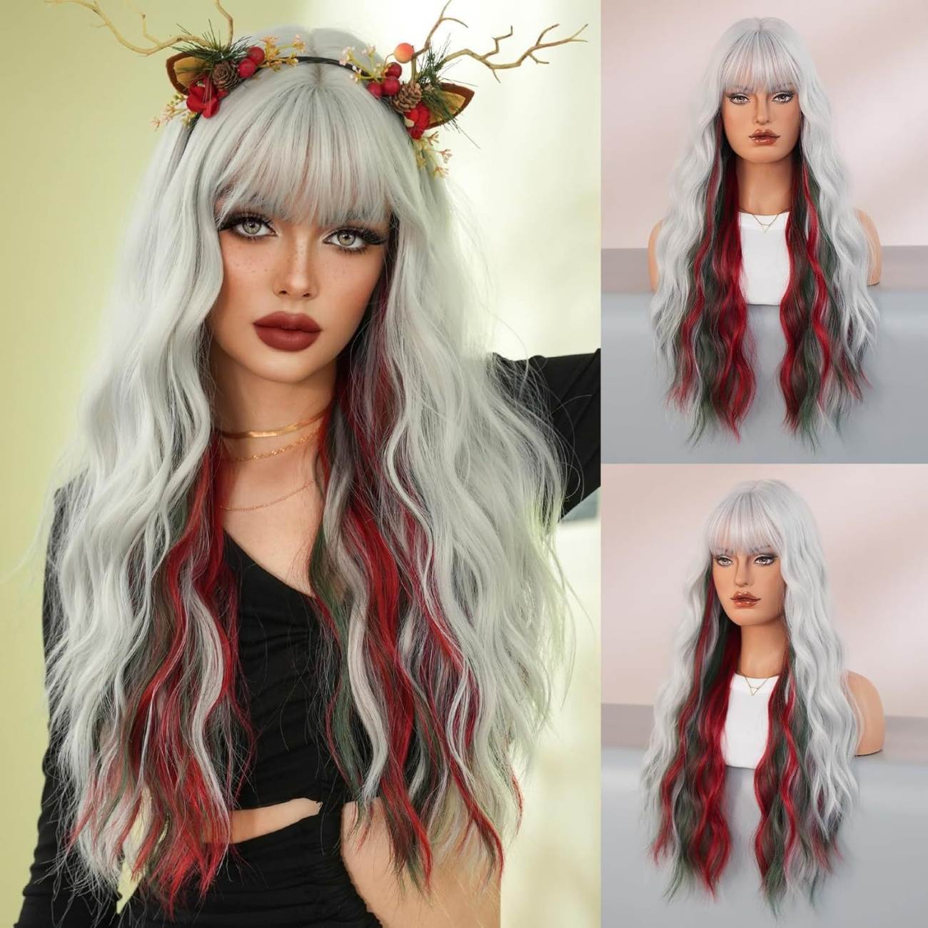 Fashion Women Highlight Wig, Fluffy Long Straight & Wavy Curly Wig, Realistic Simulation Hair Full Head Wig, Breathable Mesh Inner Net, Trendy Styling Wig for Christmas Party Holiday Daily Casual Makeup