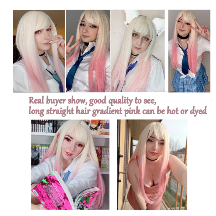 Long straight hair synthetic wig girl pink white gradient bangs cosplay Lolita party heat-resistant wigs