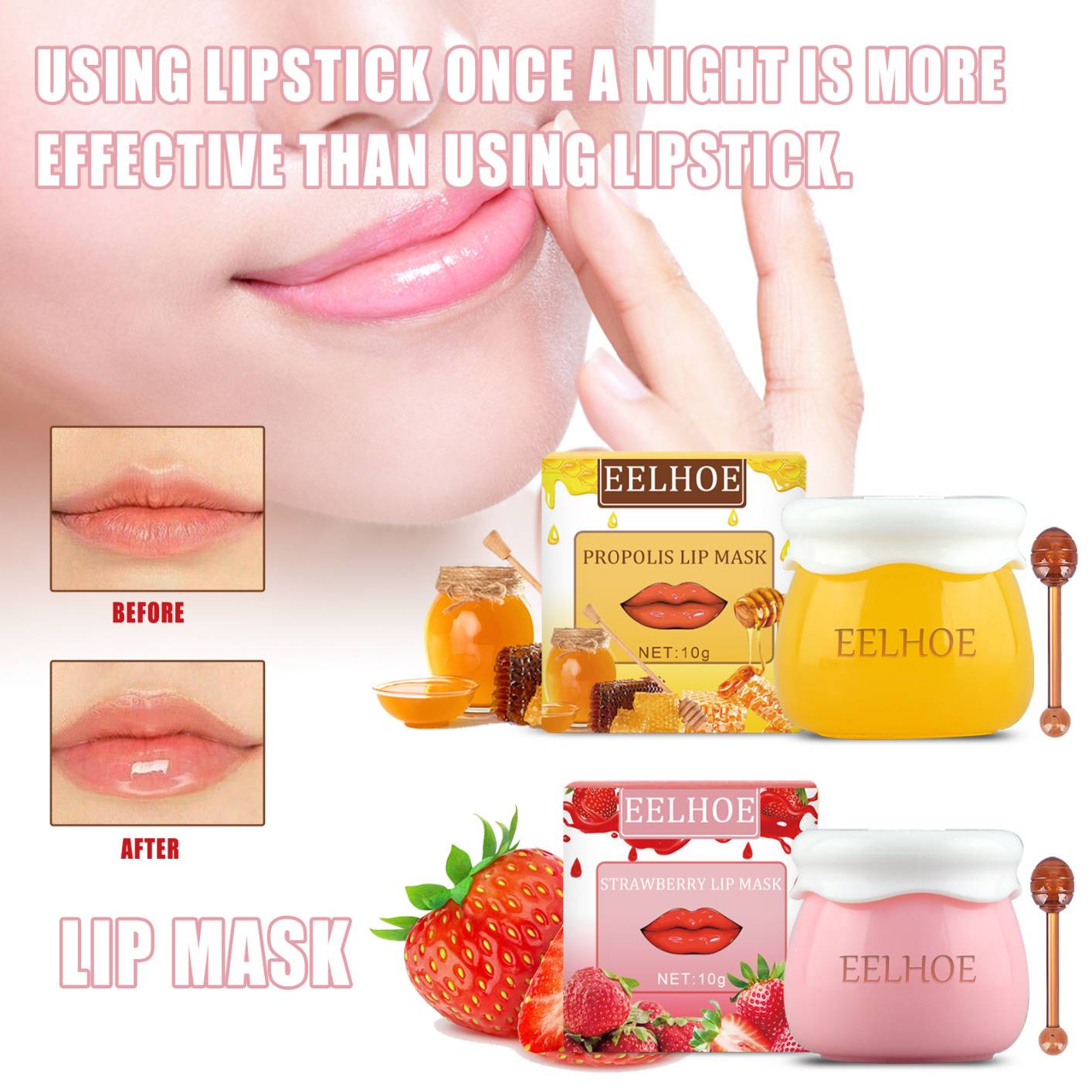 Lip Mask Overnight, Honey&Strawberry Day and Night Repair Lip Sleeping Masks Honey Lip Balm, Fade Lip Lines Bee Balm Lip Balm, Hydrating &Prevention Dry and Crack Lip Scrubs Exfoliator
