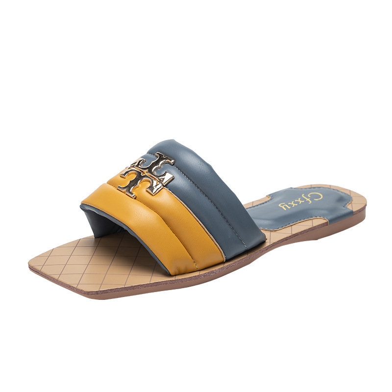 CFXXY-42 Womens Metal Decor Open Toe Color Matching Slide Sandals