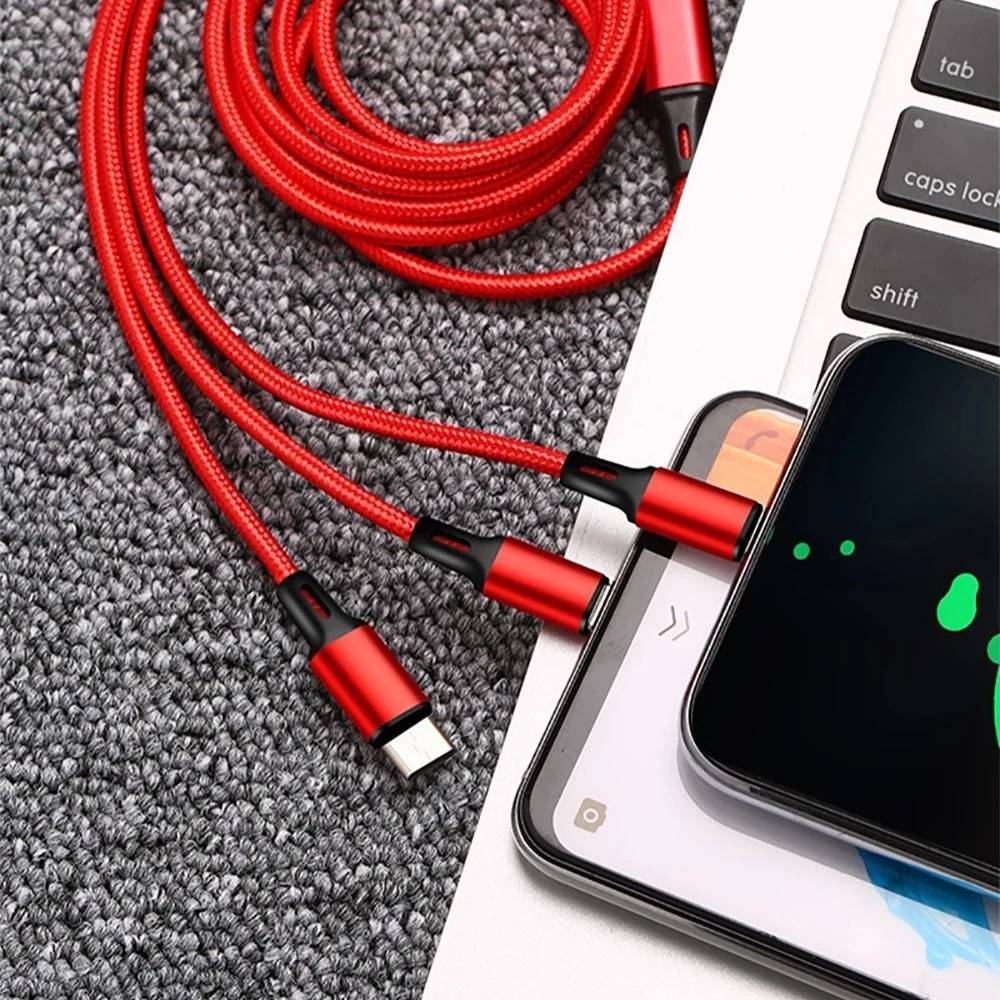 1.2m nylon braided one to three data cable multi 2A fast charging 3 in 1 phone charging cable