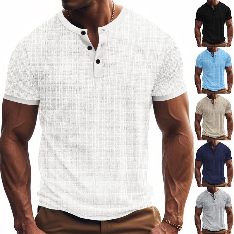 Men's Summer Short Sleeve Henley Shirt Imitation Linen Slub Fabric Loose Fit Breathable Casual Tee Tops