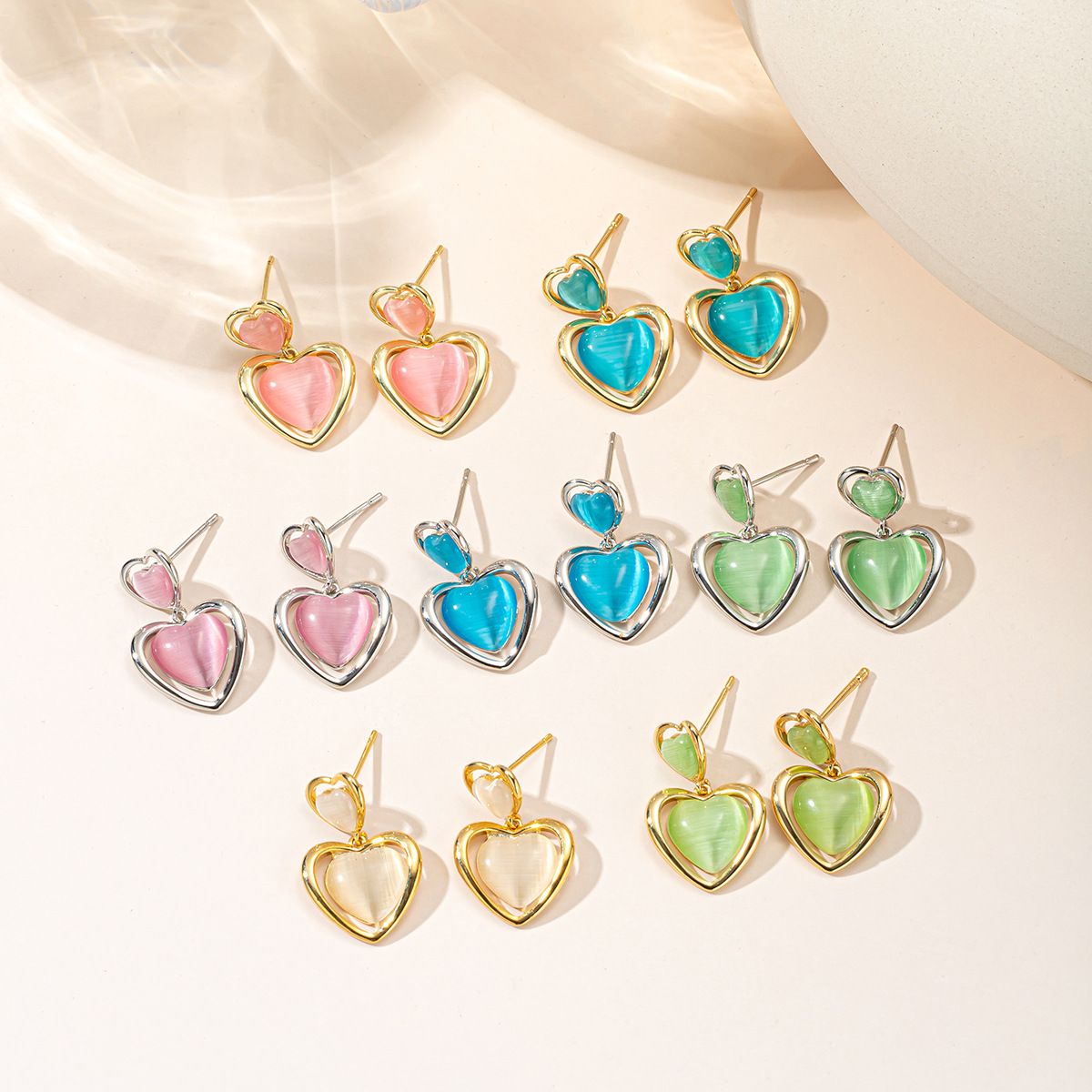 Double Hollow Heart Cat Eye Stone Drop Stud Earrings Gold Silver Plated Multicolor Teardrop Cat’s Eye Inlaid Dangle Earring Minimalist Niche Design Sweet Girly Heart Shaped Women Ear Jewelry Elegant Daily Dating Party Accessory Ideal Holiday Birthday Gift Ornament For Young Ladies
