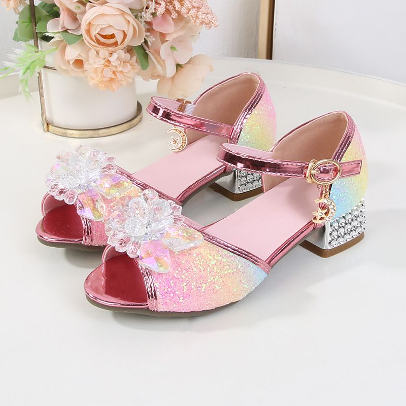 Dress Shoes Girls' High-Heeled Sandals Summer New Children's Crystal Shoes Children's Soft Soled Snow Princess Shoes