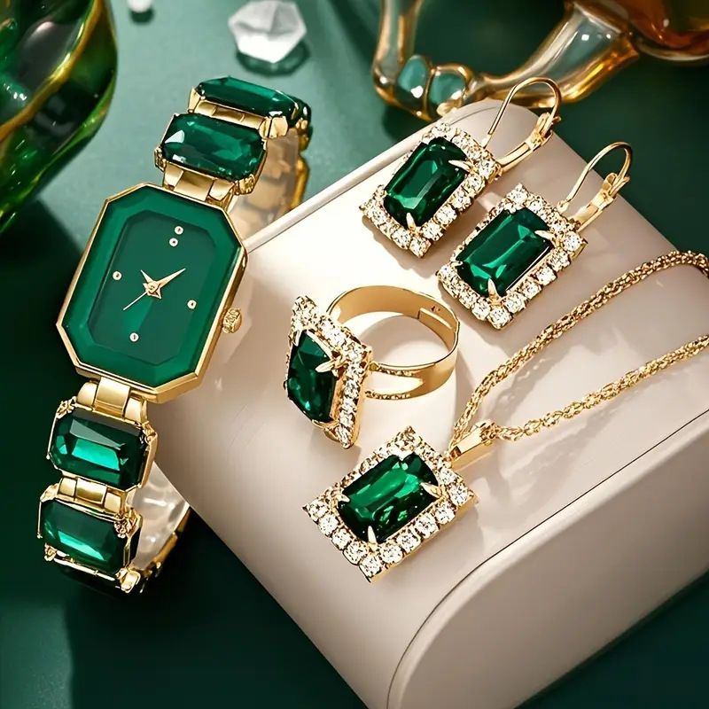 Luxury Square Crystal Quartz Watch Set, Elegant Women's Wristwatch with Matching Jewelry, Minimalist Fashion Dress Watch, Gold-Tone Bracelet Watch for Daily & Special Occasions
