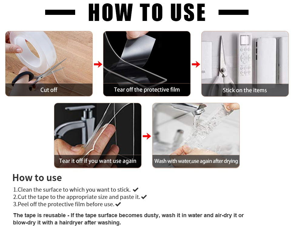 HF809 Double Sided Tape Heavy Duty, Multipurpose Removable Mounting Tape Adhesive Grip,Washable Strong Sticky Wall Tape Strips Transparent Tape Poster Carpet Tape for Paste Items,Household