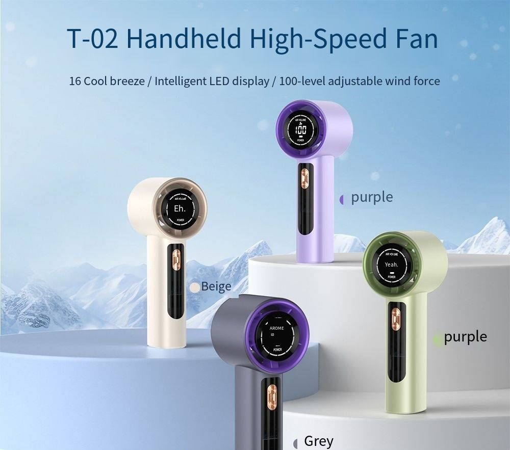 T02 Digital Display Handheld Turbo Fan 100 Gears Strong Wind USB Rechargeable Mini Brushless Portable Pocket Fan