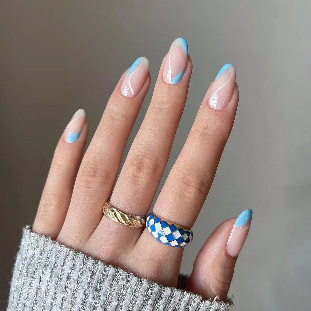 JP1351 24 Pcs Glossy Press on Nails, Medium Round French Fake Nails, Acrylics Full Cover False Nails for Women and Girls