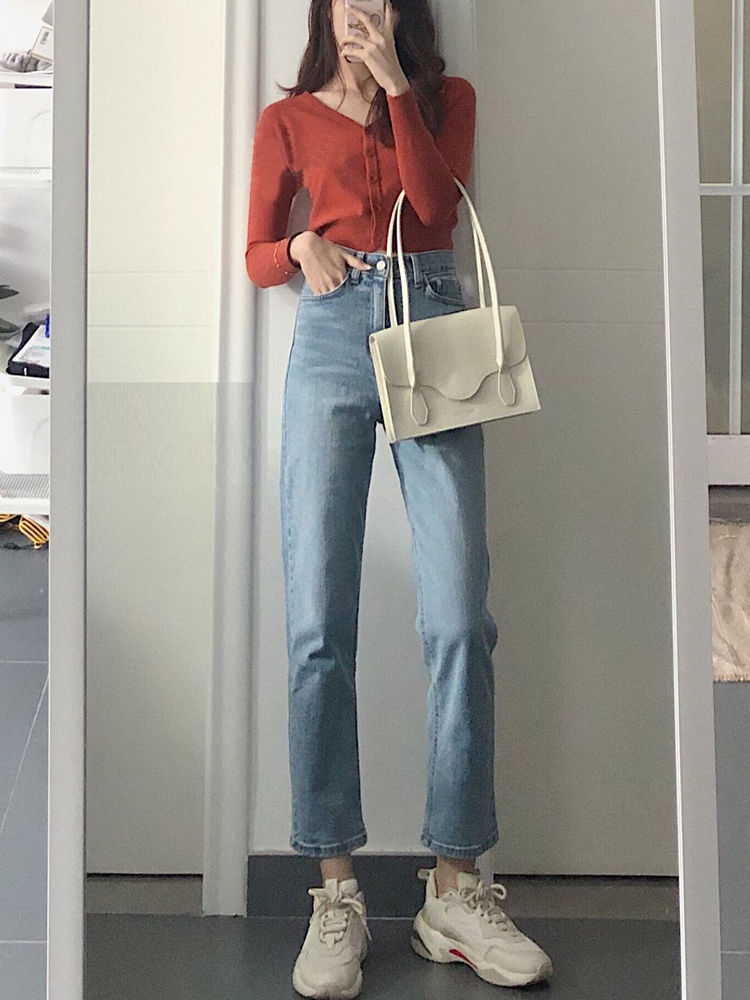 X806 Women's Autumn and Winter Vintage High-Waisted Straight-Leg Jeans Versatile Slim-Fit Cropped Pants