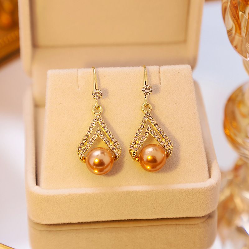 E877-2 Women's Inlaid Rhinestone Pearl Earrings Geometric Diamond Shaped Earrings