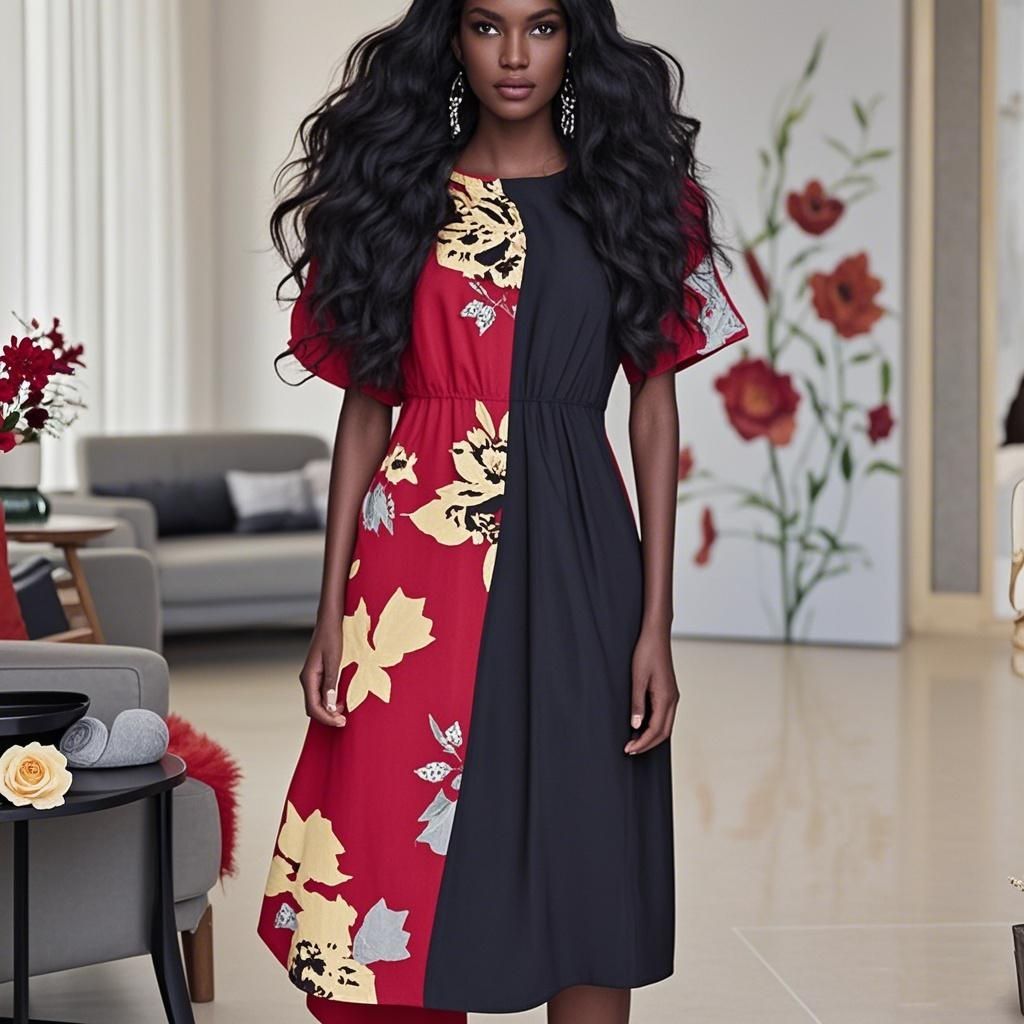 92% Silk Round Neck Asymmetric Tie-Detail Printed Women's Dress