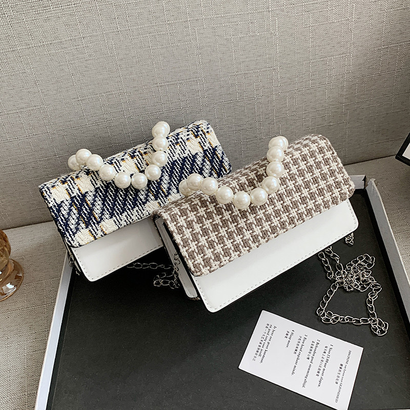 Retro Fashion Woolen Cloth Checkered Contrast Color Crossbody Bag PU Leather Bag Ladies Shoulder Bag