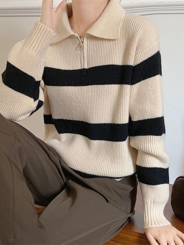 LDN-95102 Women's Casual Versatile Contrast Striped Sweater Lapel Design Thick Knit Top
