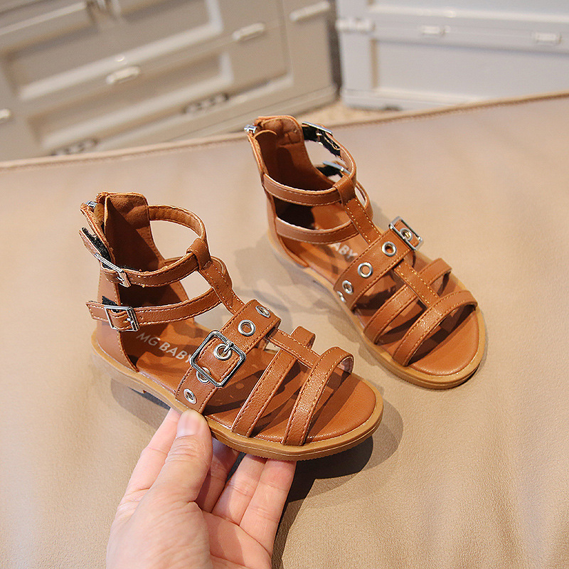 Women Girls Roman Shoes Open-toe Buckle Flat Casual Soft Bottom Sandals High Top Children's Beach Shoes

