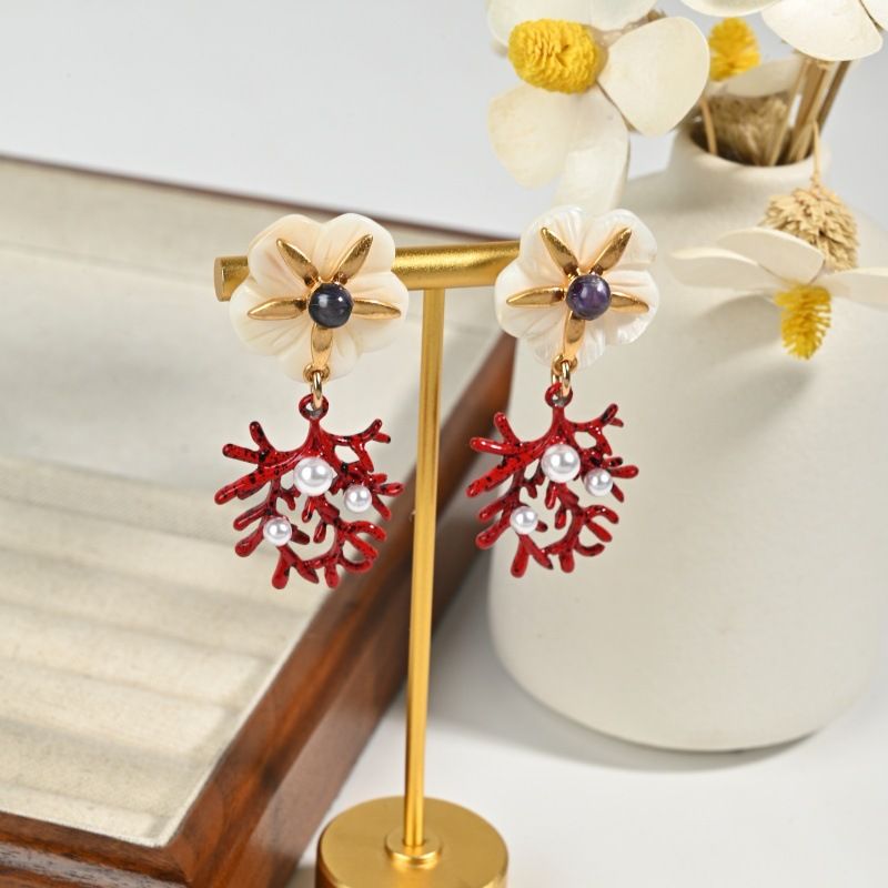 Retro Coral & Shell Drop Earrings, Gold Plated with Faux Pearl & Purple Accent, Elegant Floral Design, Bohemian Statement Jewelry for Women, Lightweight for Daily & Party Wear
