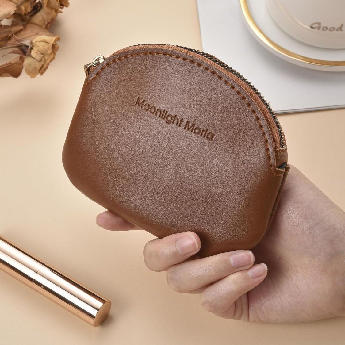 Retro Mini Textured Zipper Coin Clutch for Women, Minimalist Japanese Style, Genuine Leather Lipstick, Coin, Card Holder Set
