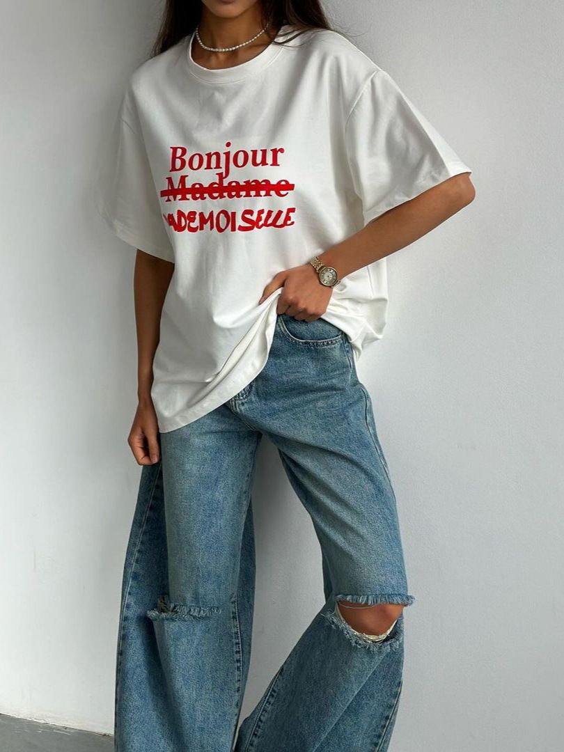 Women Retro American Street Style T-Shirt, Basic Letter Print Color Contrast Design, Crew Neck Loose Oversized Short Sleeve Tops, Casual Relaxed Fit Boyfriend Tee for Daily Street Outfit
