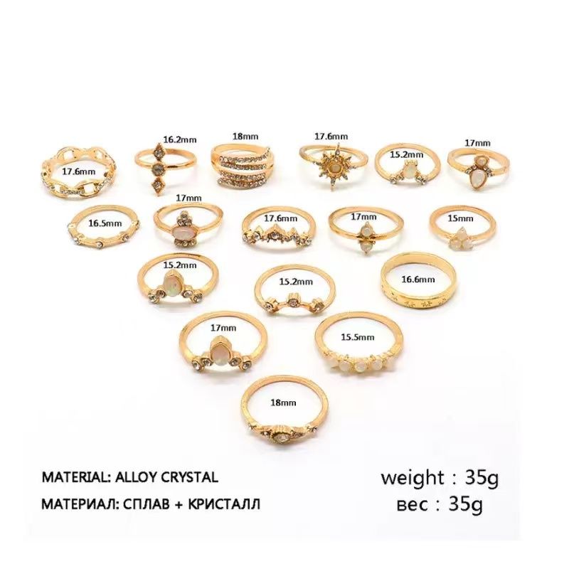 New Bohemian 17 Pieces Ring Set for Women Inlaid Rhinestone Metal Ring Luxury Design Fashion Charm Jewelry Party Gifts